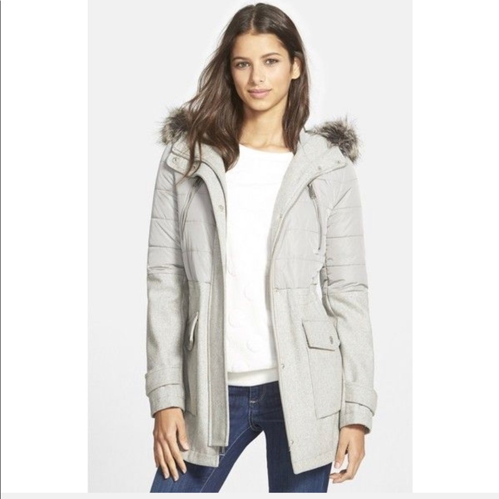 BCBGeneration Faux Fur Trim Hooded Puffer Gray Coat